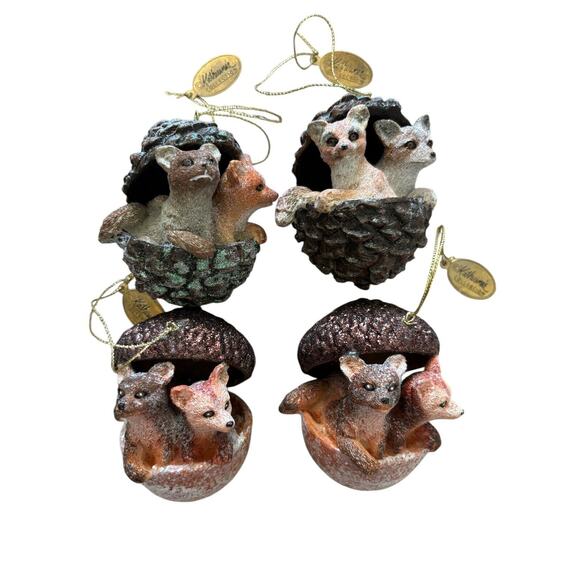 Set Of 4 Katherine's Collection Fox And Wolf In Acorns Pinecones Ornaments 3” - Picture 1 of 9